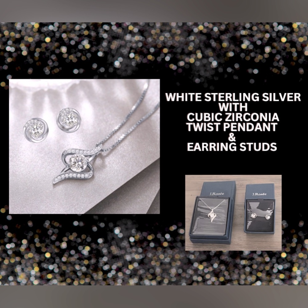 WHITE STERLING SILVER W/ CUBIC ZIRCONIA
TWIST PENDANT NECKLACE & EARRING STUDS